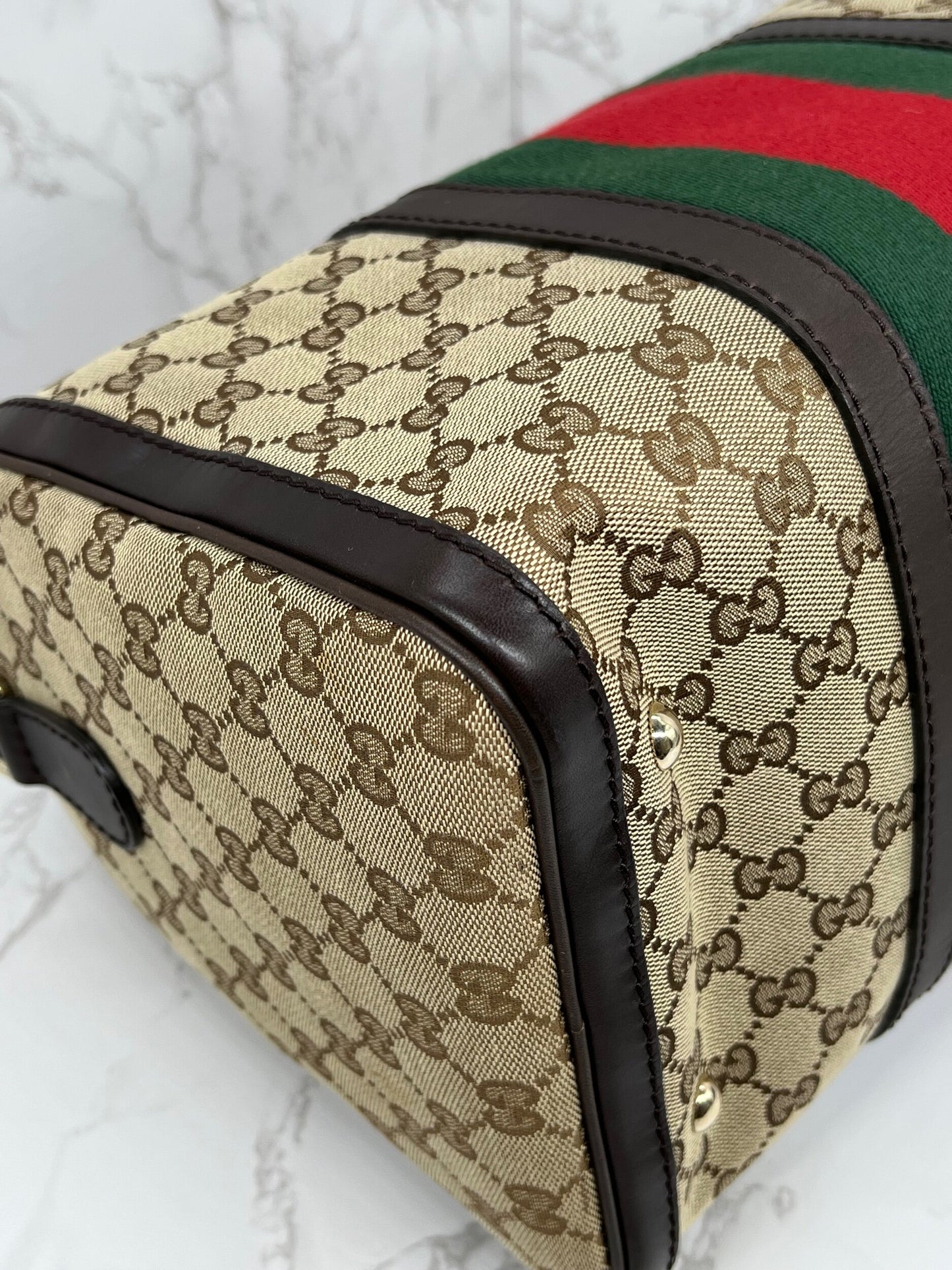 Gucci GG Vintage Web Medium Boston Dark Brown Red/Green w/Strap