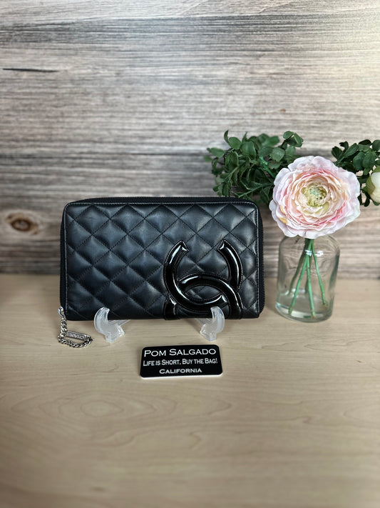 CC Black Calfskin Quilted Cambon Zip Around Organizer Clutch Wallet