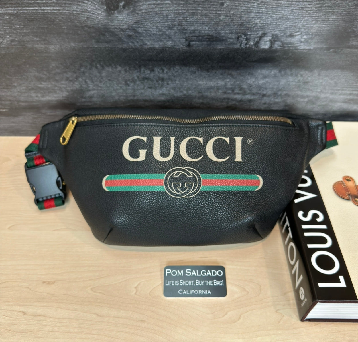 Large GG Logo Print Leather Belt Bag Black